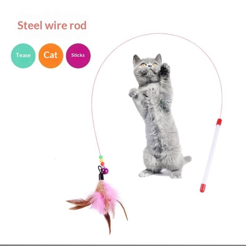 Flexible Steel Wire Cat Teaser Wand with Soft Feather Crisp Bell Interactive Play Toy for Indoor Cats Daily Play