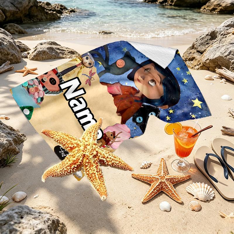 Custom Name Personalized Coraline Print Beach Towel, for Trip Camping Beach Party Home Decor, Birthday Gift for Family & Friends