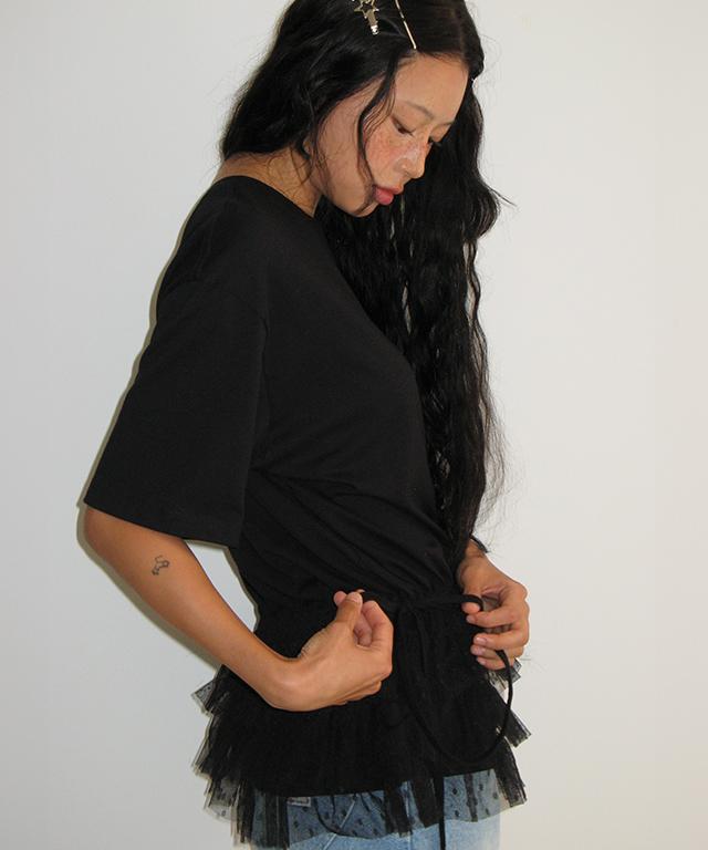 RONRON Double Layered Shirring Short T Shirt Black