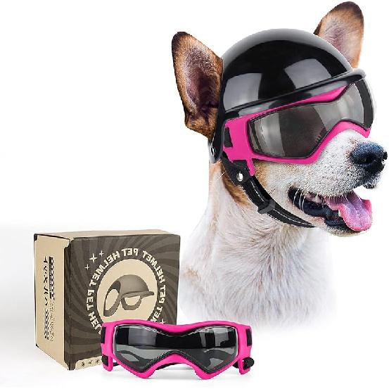 PETLESO Dog Goggles for Small Dogs with Helmet, 2pcs Dog Sunglasses and Dog Helmet Set for Small Medium Dog Outdoor Driving Walking, Black