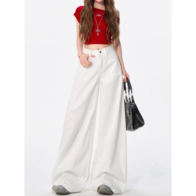 White Denim Jeans for Women, Plus Size, Summer Thin High-Waisted Loose Fit, Slimming Floor-Length Pants for Plus-Size Girls, Drapey Wide-Leg Pants