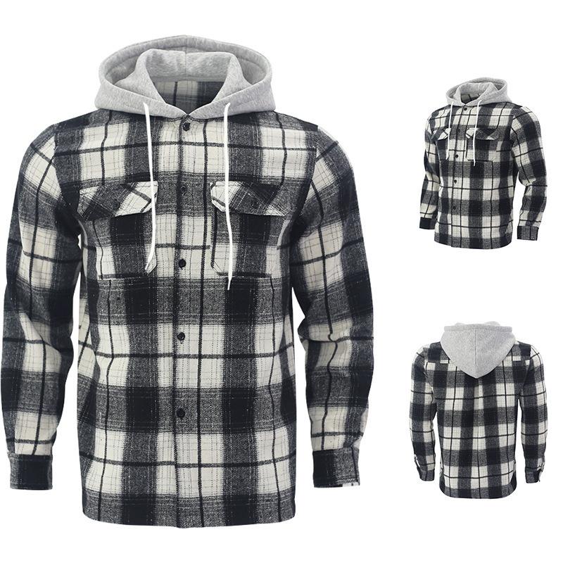 Autumn New Arrival: Loose-Fit Casual Jacquard Men's Long-Sleeved Hooded Check Shirt