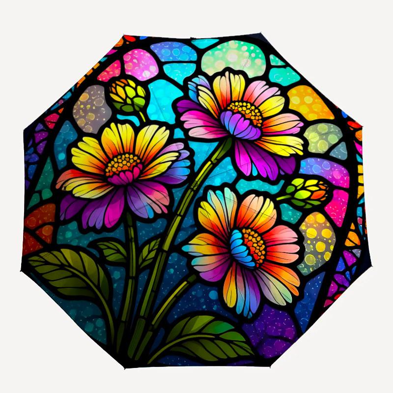 1 шт. Зонт автоматический открывающийся/закрывающийся, компактный складной зонт с витражными цветами, всесезонный портативный зонт для женщин/мужчин F1124234