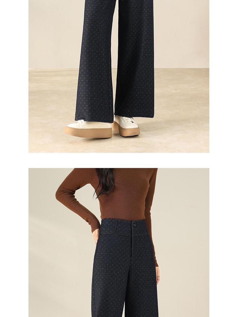 Women's Gray Wool High-Waisted Wide-Leg Floral Pants - Winter Casual, Thickened, Loose, Slimming, Versatile