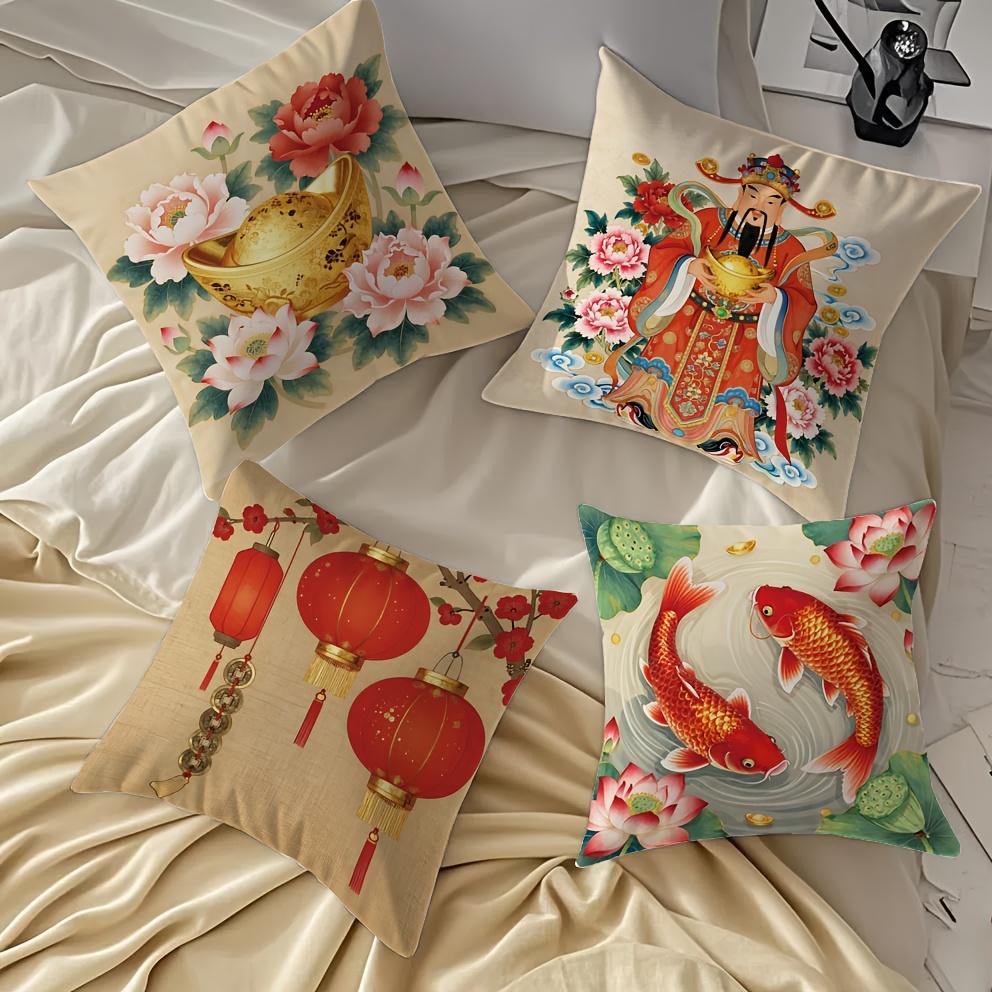 4Pcs Peony And Carp Pattern Digital Printing Pillow Cover Short Plush Suitable Living Rooms Bedrooms Sofas Throw Cushion Cover