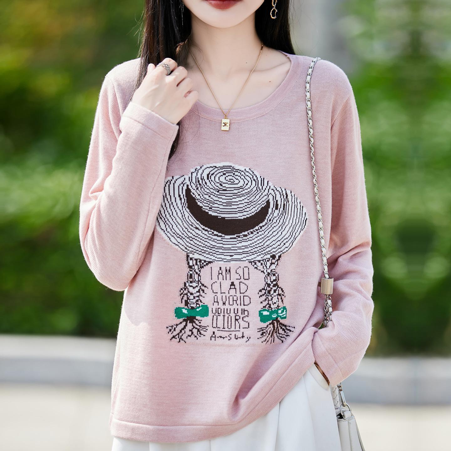 

Новый вязаный свитер с круглым вырезом, женская соломенная шляпа с длинными рукавами, базовая водолазка с принтом, топ для весны и осени M