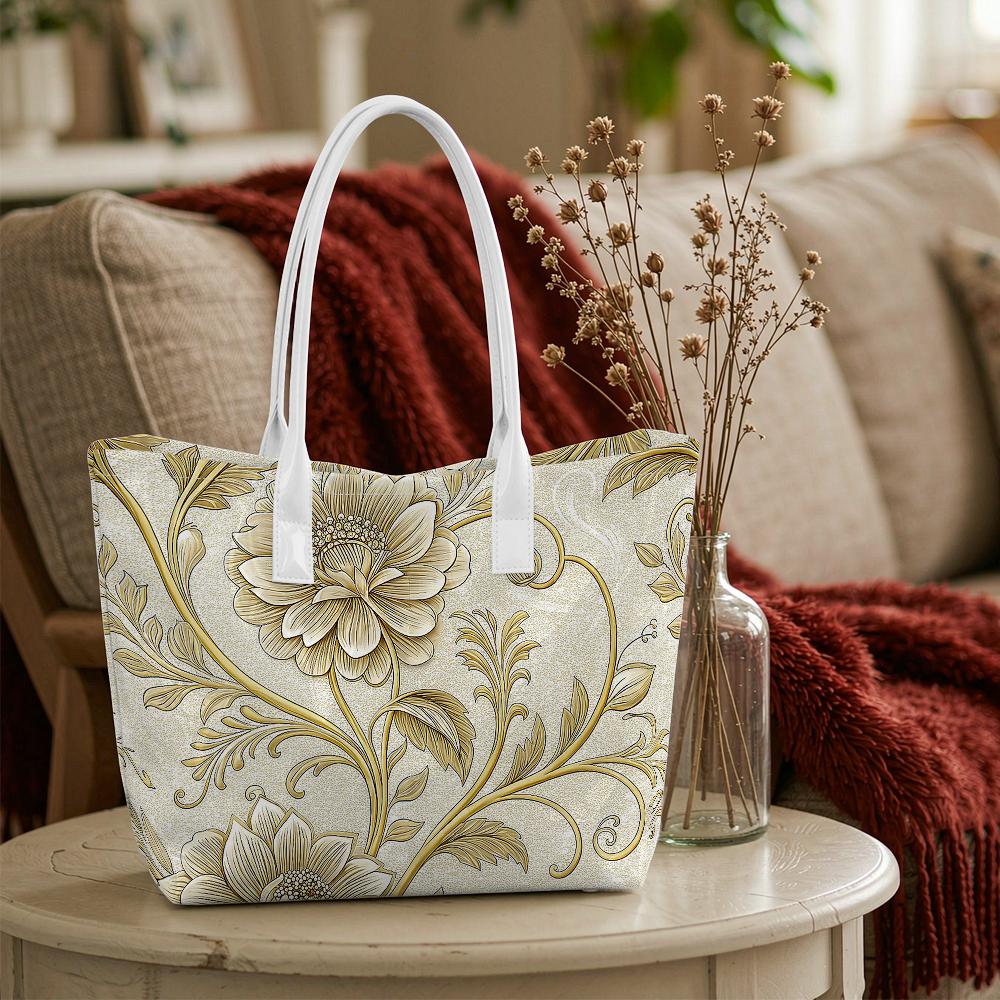 Elegant Golden Floral Print Tote Bag for Women Fashion Lightweight Casual Large Capacity Top Handle Shoulder Bag for Daily Shopping Travel Commute