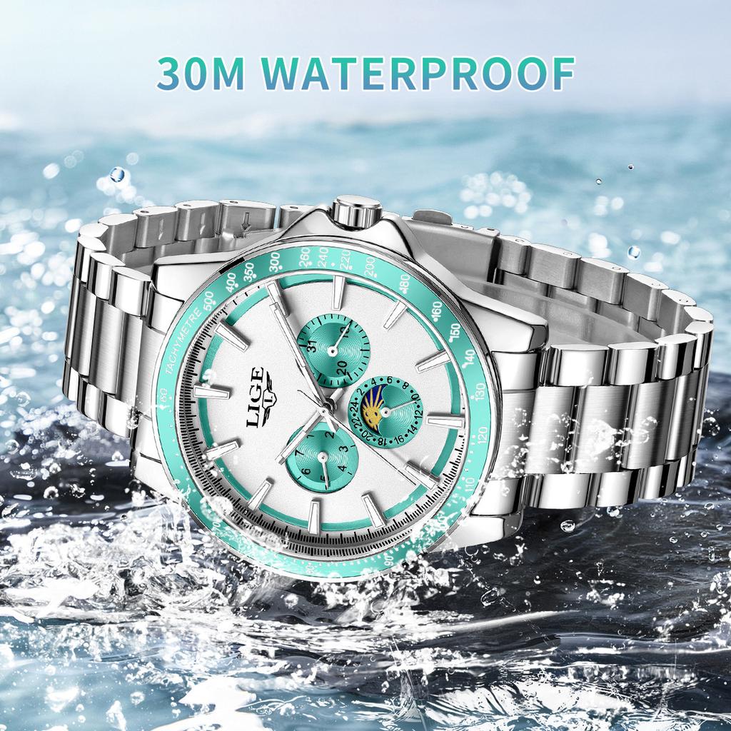 LIGE Men's Quartz Watch Luxury Stainless Steel Man Watch Fashion Moon Phase Luminous Business Chronograph  Watches for Men+Box