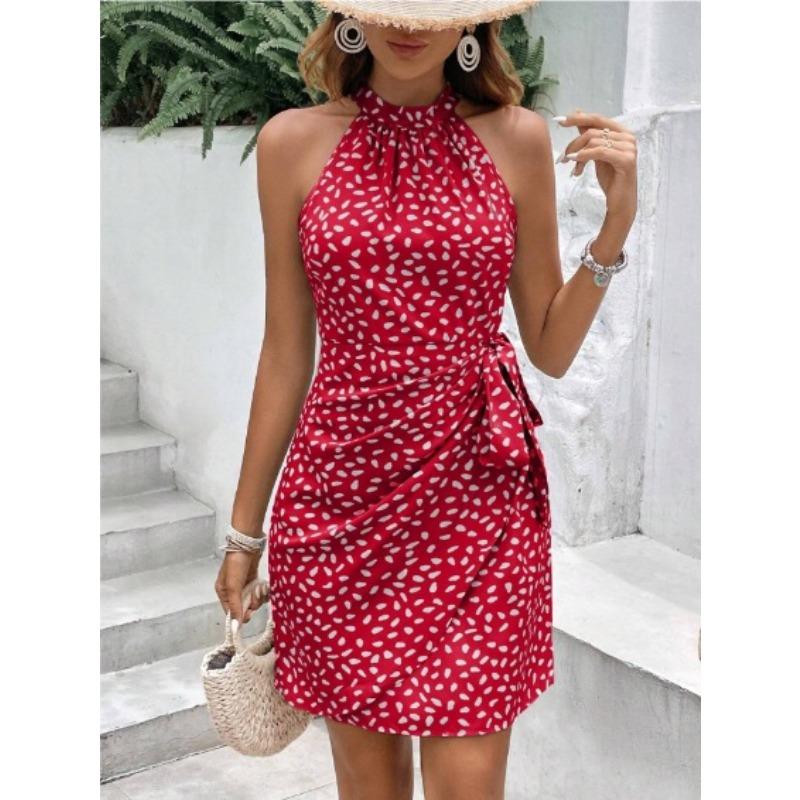LIGHT DOT Women's Summer Dress Dot Print Halter Neck Tie Waist Casual Zipper Back Sundress Vacation Beach
