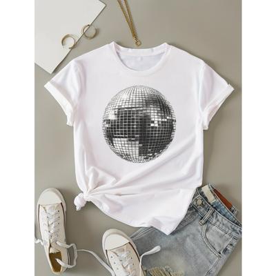 Ropa de Mujer Camiseta de Cuello Redondo con Estampado de Bola de Discoteca Manga Corta Casual para Viajes Tops Verano Primavera Pareja de Mujer Top Olímpico