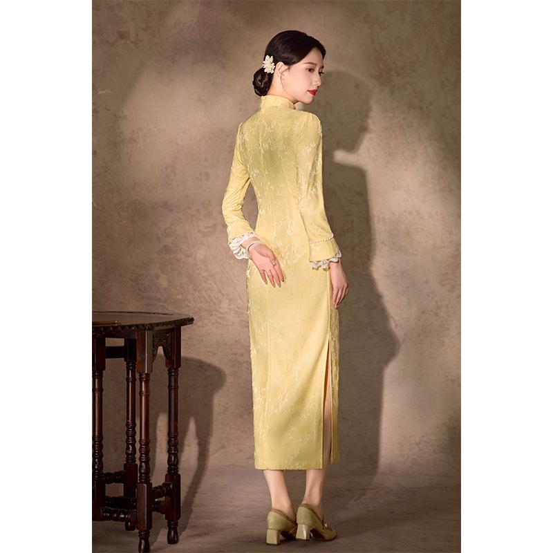 Yellow improved cheongsam autumn new long-sleeved single-layer elastic knitted jacquard retro slim and thin young model
