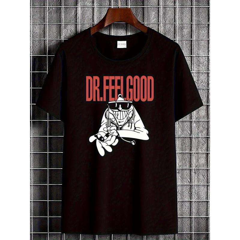 Men's Dr. Feelgood Vintage Rock Band Graphic T-Shirt - 80s Retro Music Tee with Bold Red Logo & Iconic Album Art Print, Breathable Short Sleeve Round