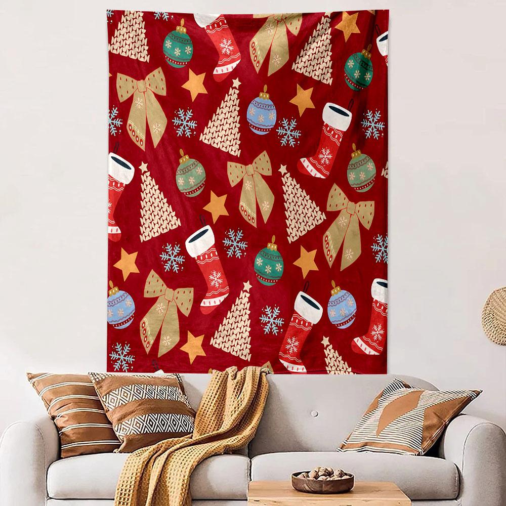 Christmas Patterns with Bow and Stockings Patterned Tapestry Decorative Wall Hanging, Home Bedroom Living Room Decor