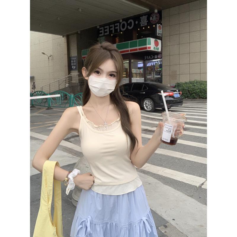 Sommer Koreanischer Stil Schlanke Passform Kontrastfarbe Zweiteiliges Design Camisole - Reines Baumwoll-Westen-Top