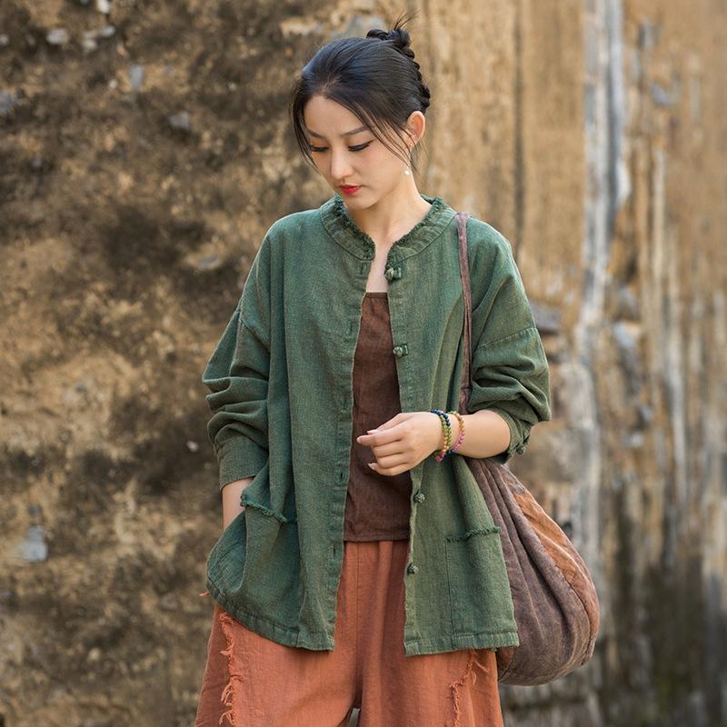 

Johnature Women Vintage Chinese Style Spring Autumn Button Solid Color Pockets Coats One Size зелёный