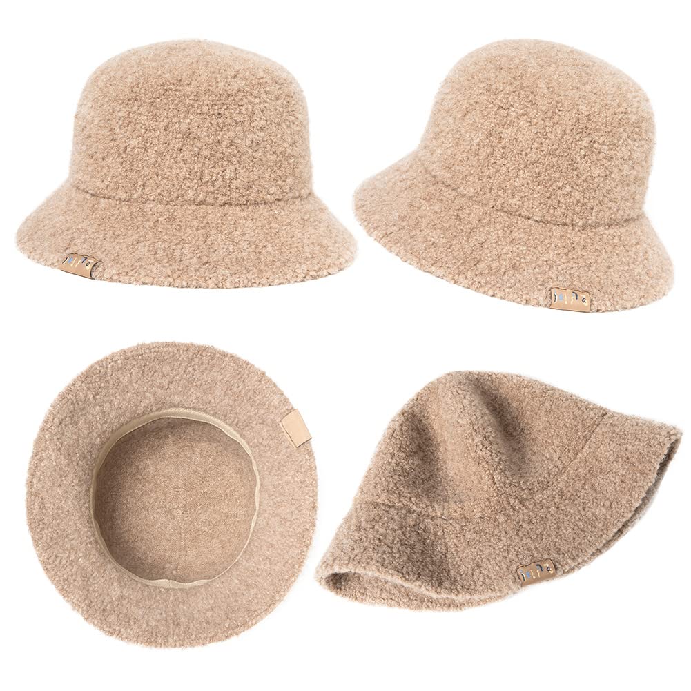 Jeff Aimy Wool Bucket Perfect for Fall and & Women's Wide-Brim Hat, Foldable, Fluffy, Winter, Slimming, Stylish, Camel-Colored (56cm-58cm)