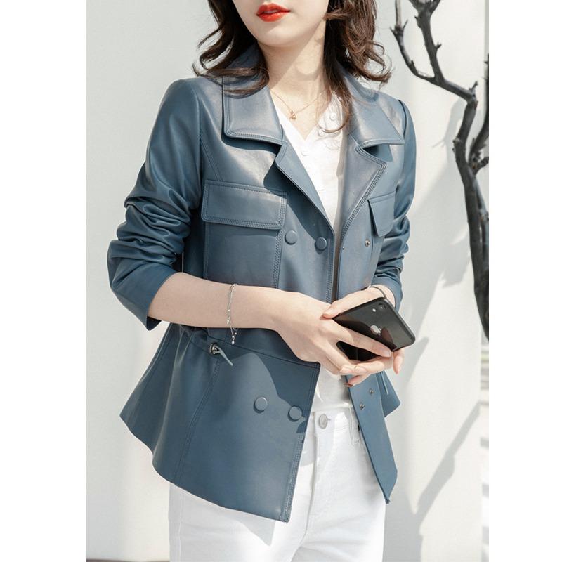 

Новая весенняя куртка из натуральной кожи, женская куртка с коротким поясом и завязками из натуральной овчины, пиджак с воротником XL