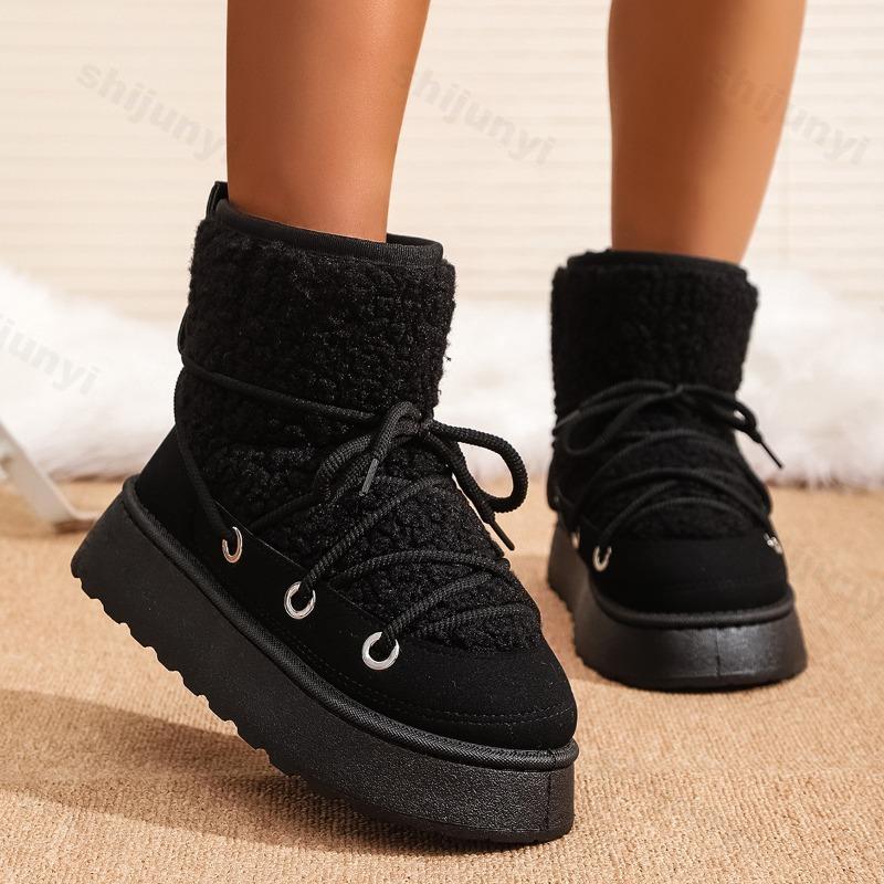Fashion Women's Winter Snow Boots Fleece Lined Thick Bottomed Cotton Shoes 2025 Ties Fashionable Warm Rubber Outsole Heightening Shoes