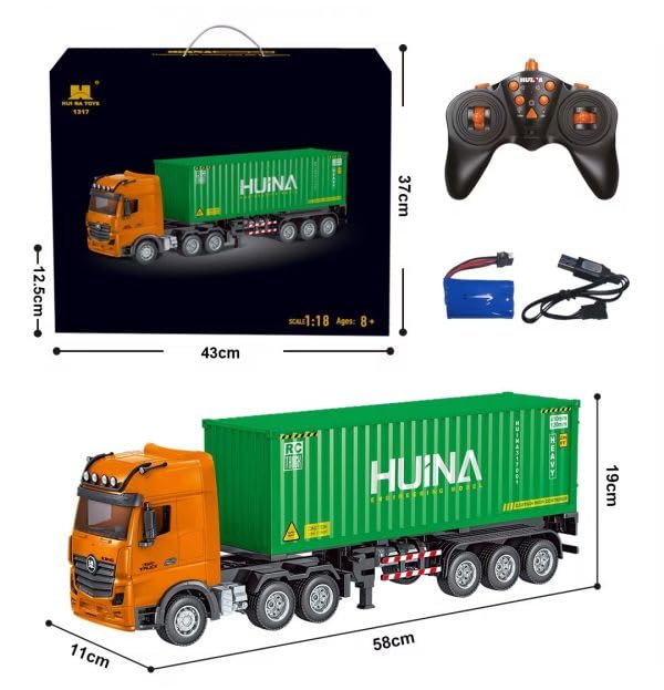 Huina Toys 1317 Scale 9Ch RTR Chassis Type 40ft Marine Container Trailer Radio Control 1/18 2.4GHz 3-Axis Head, 3-Axis (Green)