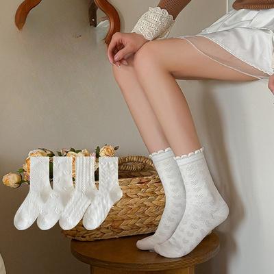 White Socks for Women In Early Autumn, Pure Cotton Mid-calf Socks, Lolita, Cute Pile Socks, Antibacterial and Deodorizing White Socks