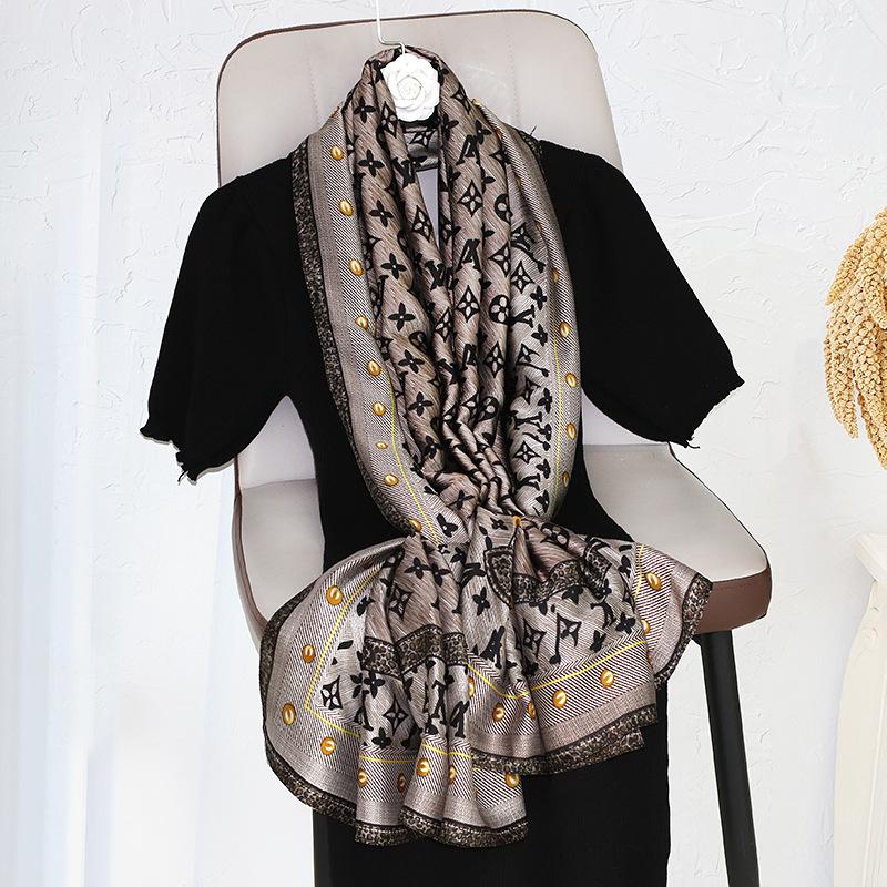New Imitation Silk Printed Silk Scarf for Women  Versatile Geometric Sun Protection Beach Towel Ethnic Style Decoration Gauze Shawl