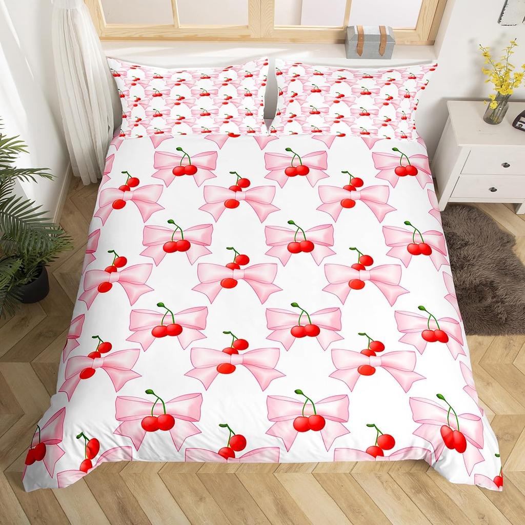 Comforter Pink Cherry Queen Size Cute Cartoon Fruit Comforter With Girl Kid Woman Breathable Bedding Set