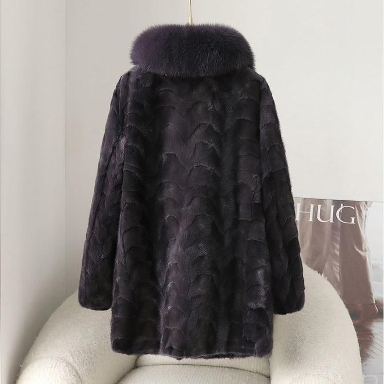 Winter Women's Mink Coat Fluffy Luxury Mid-Length Fur Coat with Fox Fur Collar
