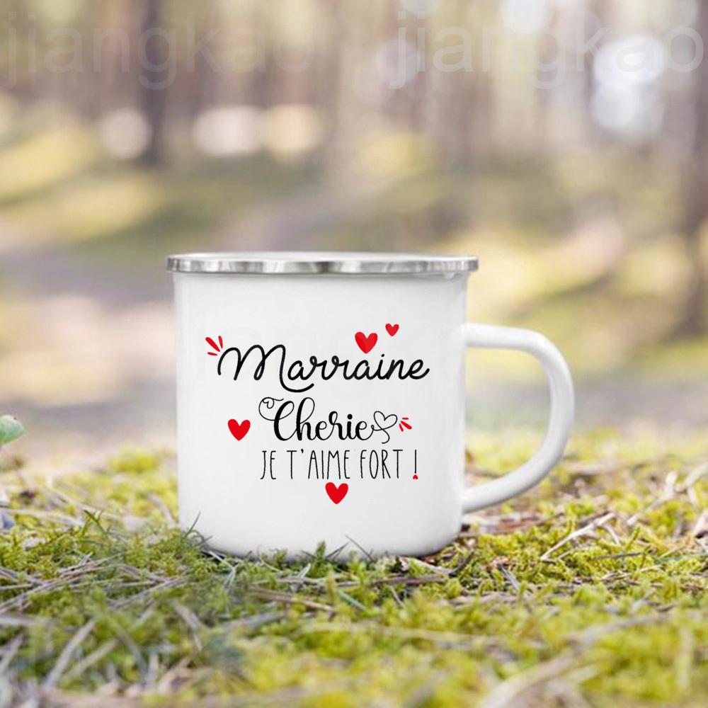 Französische Taufpatin Pate Druck Emaille Kaffeetasse Getränke Milchbecher Campingtassen Bestes Geburtstags-Feiertagsgeschenk für Patentante Patenonkel