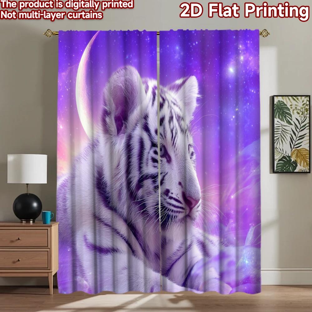 2D Flat Printing 2pcs Curtains Cute Tiger Galaxy Fantasy Digital Printed Polyester Drapes Party Decorations for Holiday Home