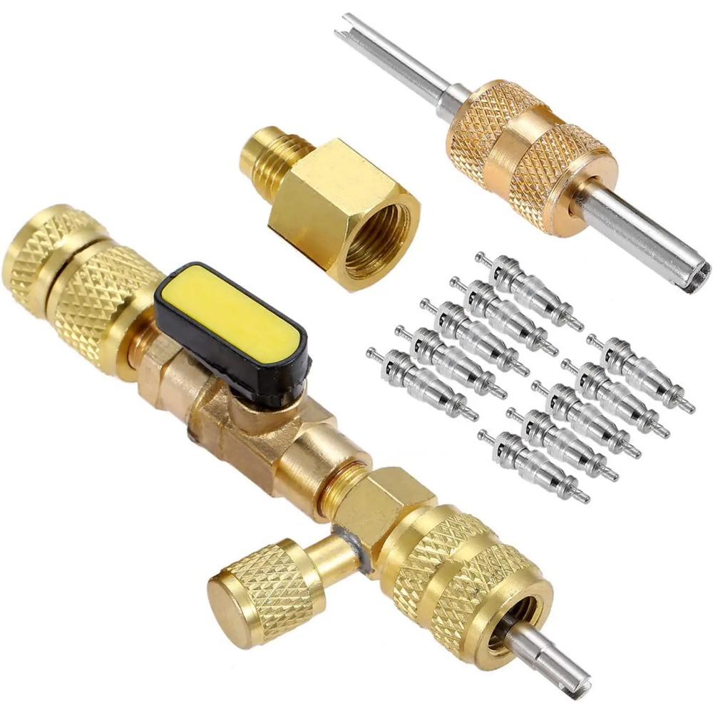 Valve Core Remover Installer Tool Kit with Dual Size 1/4 & 5/16 Port for with R22 R12 R407 R410 R404 R32 R600 HVAC System