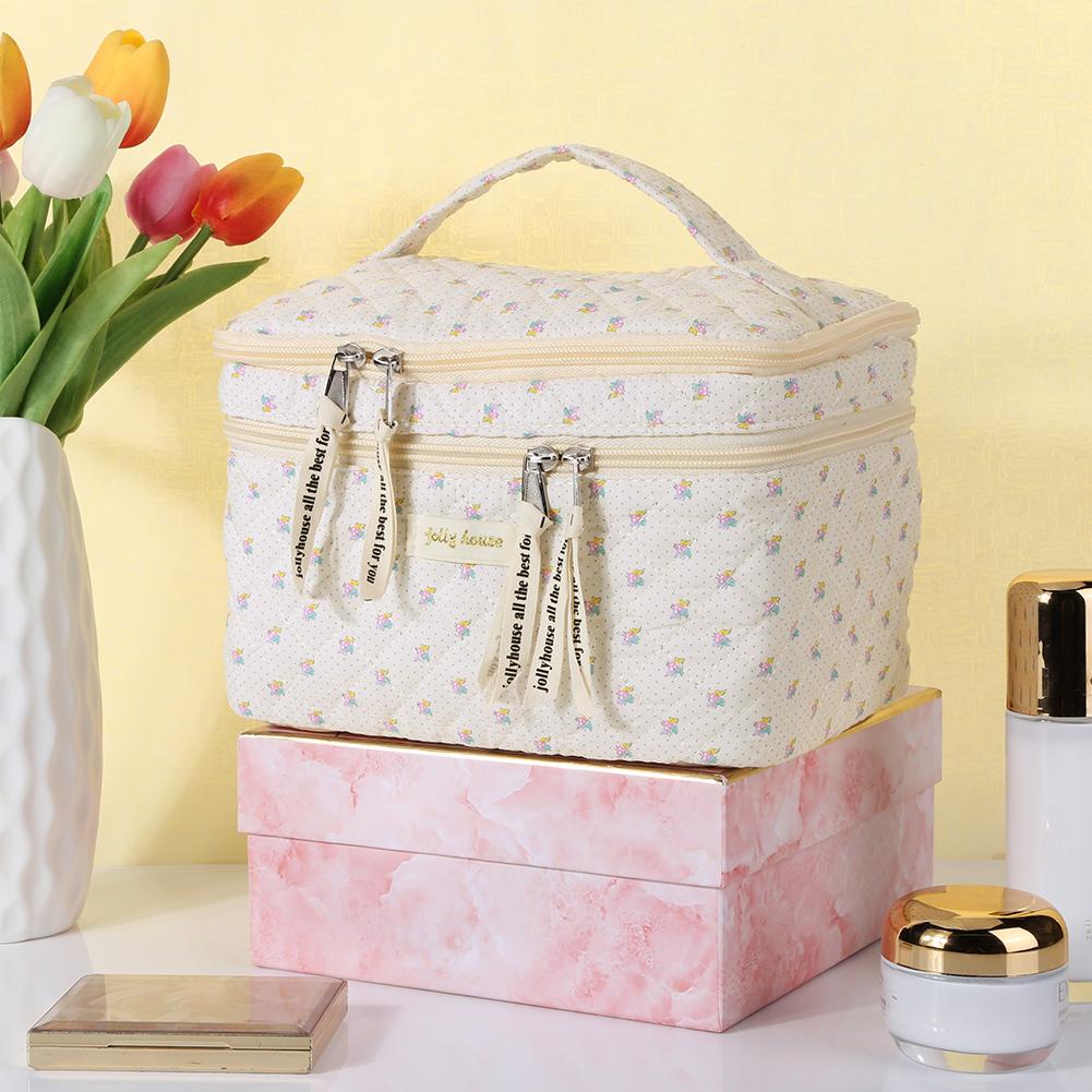 Double Layer Toiletry Bag with Compartments Cotton Makeup Cosmetic Bag Zipper Closure Floral for Toiletries Accessories Brushes