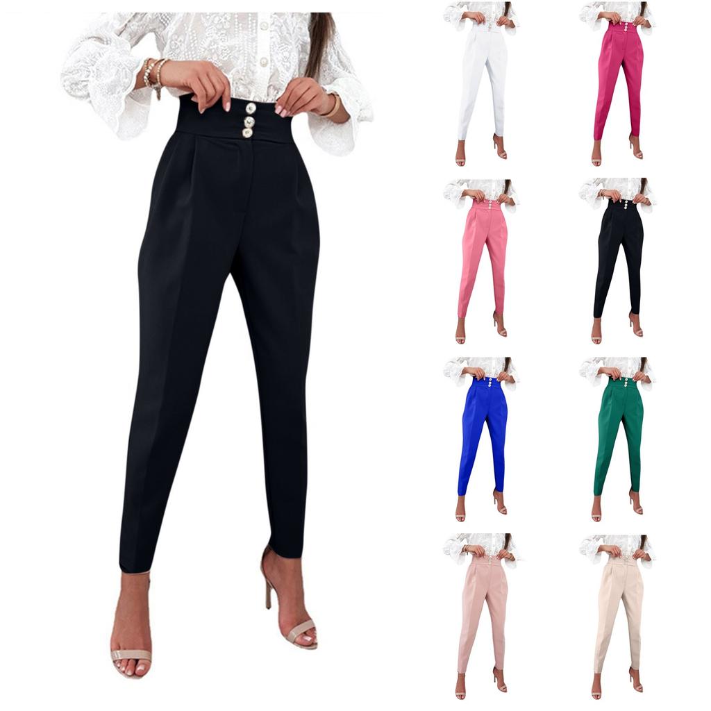 Women's Solid Color Slim Button Zipper High Waist Pocket Calf Pants