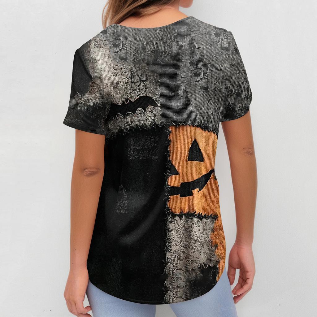 Women's Fashion Short Sleeve Halloween Print V-Neck Pocket Workwear Tops
