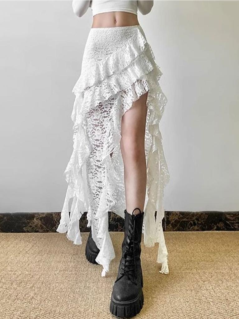 Women's Lace Spliced Skirts Black High Waist Ruffle Irregular Long Skirt Gothic Style Streetwear Summer