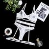 Lace complex craftsmanship gathers hollow mesh splicing with leg rings, four-piece women's lingerie