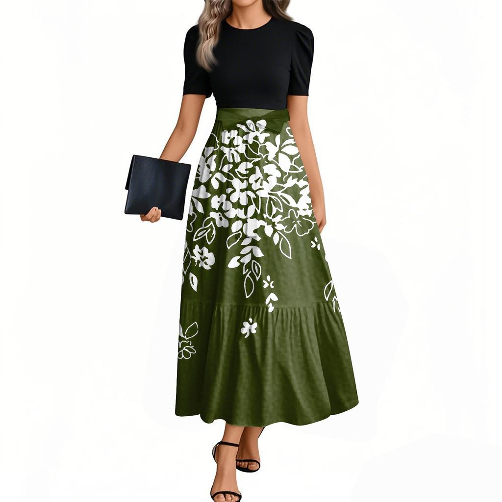 Women's Fashion Casual Belt Short Sleeve Round Neck Retro Printed Splicing Elegant Temperament Dress