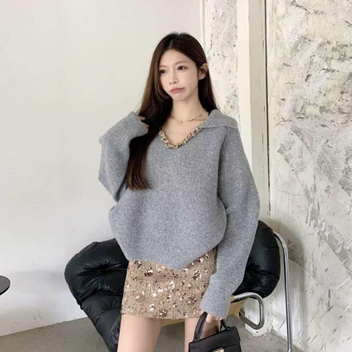 

2025 Женский Модный Свободный Вязаный Пуловер с Лацканами для Осени и Зимы One Size