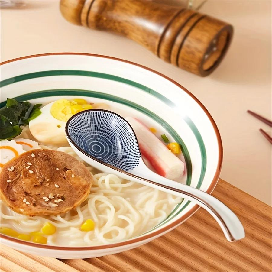 Ceramic Spoons, Long Handle, Easy To Grip, Non-slip Bottom, Suitable for Japanese Ramen, Chinese-Vietnamese Wonton, Noodle Spoon