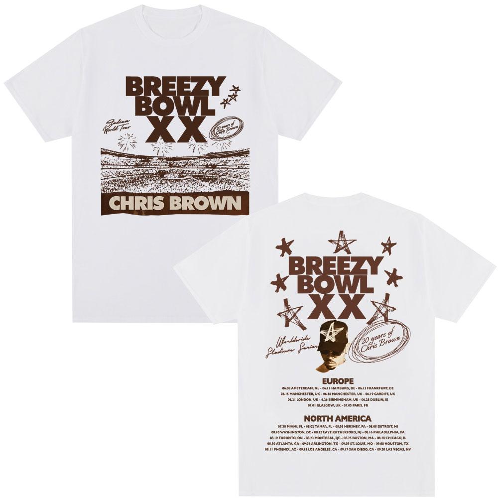 Rapper Chris Brown Album Tshirt Breezy Bowl XX Tour 2025 Hip Hop Vintage T Shirt Men Women Oversized Cotton Tshirts Streetwear