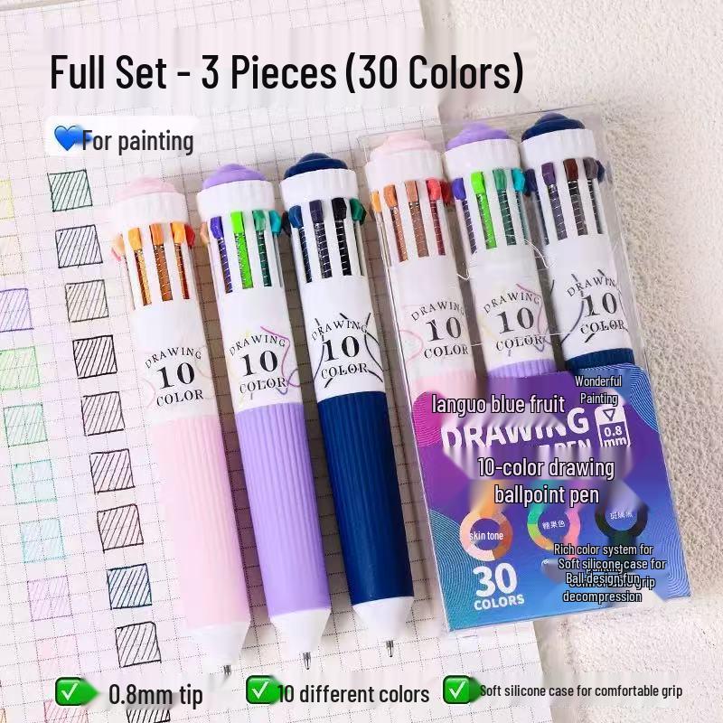 Blue Fruit 10-Color Quick-Dry Ballpoint and Marker Pen Set for Creative Drawing and Painting