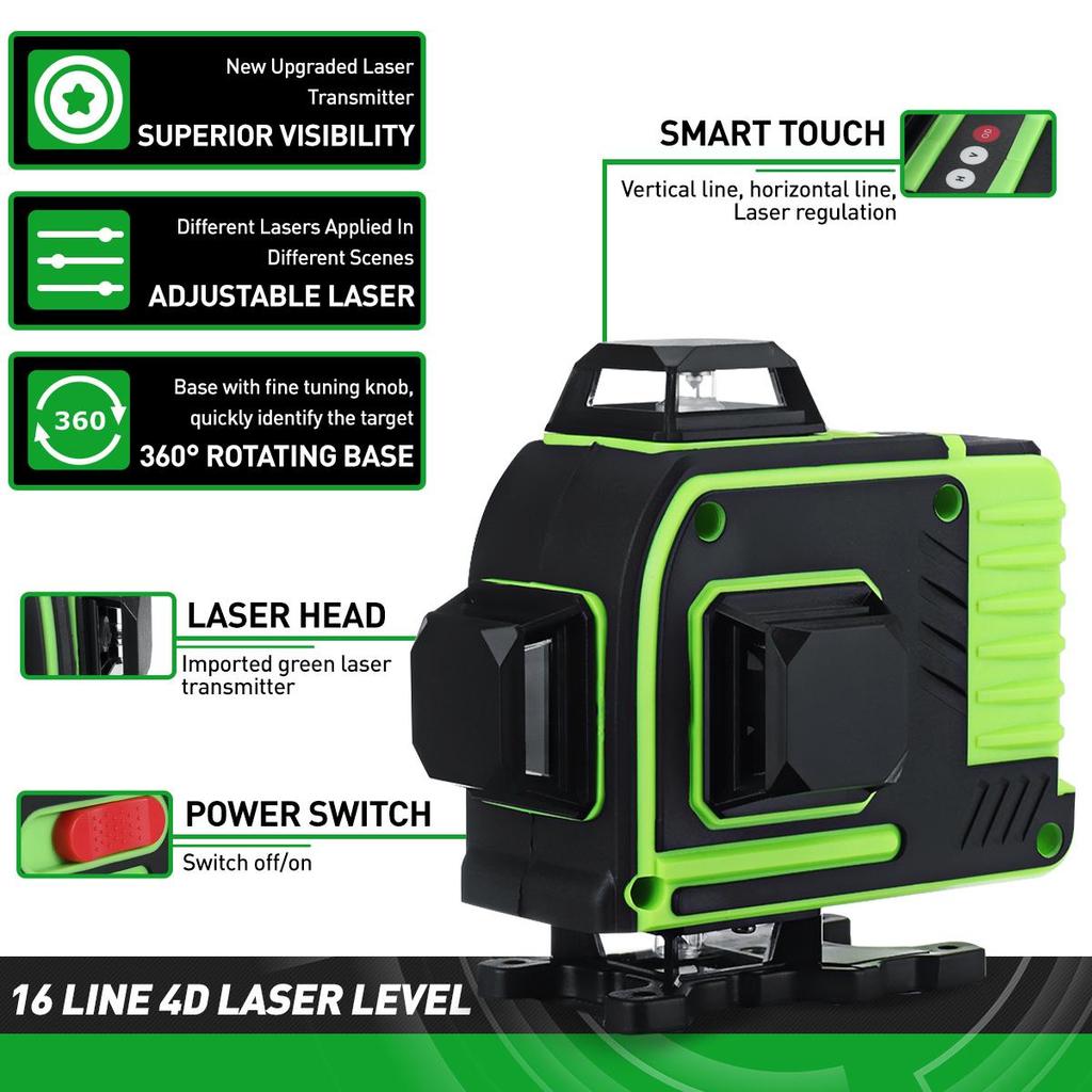 16 Line Laser Level Green Laser Level Line 4D Self-Leveling 360 Horizontal Vertical Cross Super Powerful Laser Level Remote Control 4000mAh Battery