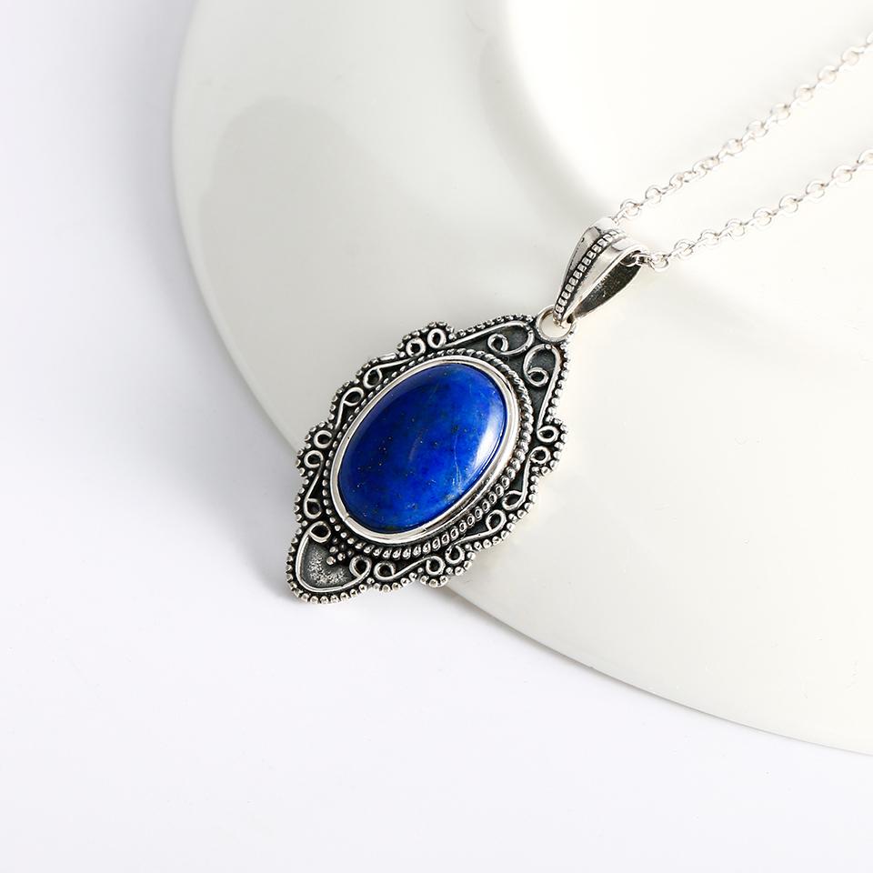 925 Sterling Silver Necklace Vintage Oval Lapis Pendants Necklace Jewelry For Women Party Birthday Gifts Fine Jewelry