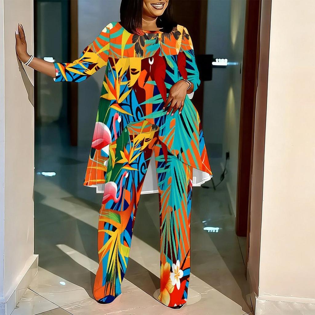 Women Plus Size Three Quarter Sleeve Round Neck Irregular Hem Printed Top Wide Leg Pants Two Piece Set
