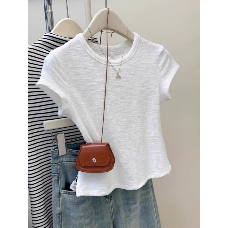 Milk blue texture Korean simple short-sleeved women's T-shirt summer slim-fitting and thin niche foreign style bottoming shirt top
