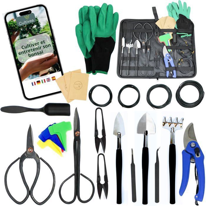 Kit outils bonsaï - CULTIVEA - 32 pièces - Acier inoxydable - Malette de rangement - Fils & accessoires