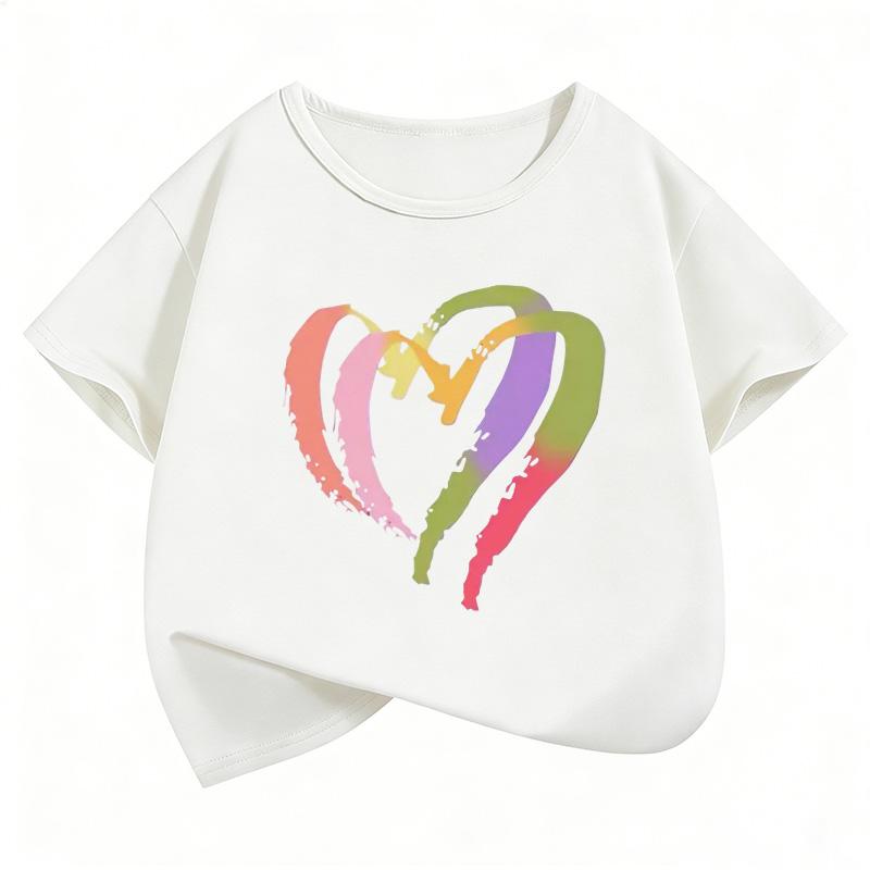 Colorful Love Heart Fashion Crew Neck Short Sleeve T Shirts Kids Childrens Tshirt Boys Girls Summer Spring Casual Top Tee