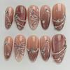 24pcs Wearable False Nails Red Purple Flower Pearl Fake Nail French Short Almond Press on Nails with Rhinestone Design Manicure
