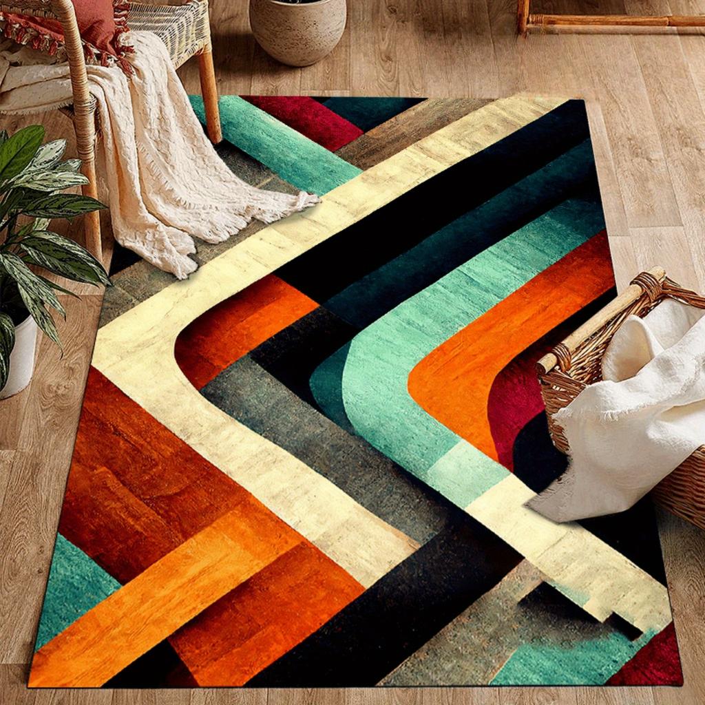 Large Bohemian Chic Area Mat Vintage Flannel Geometric Patterns Teal Orange Beige Machine Washable Living Room Bedroom