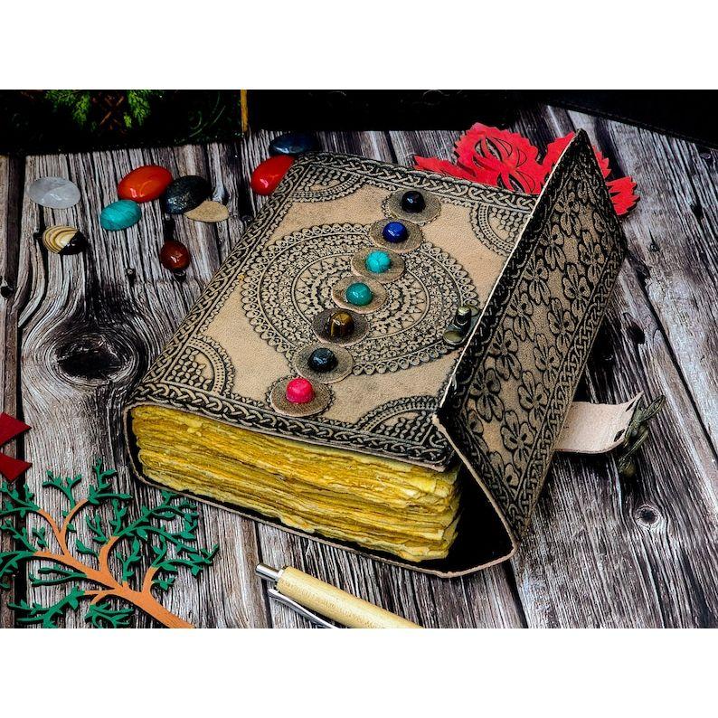 Blank Spell Book of Shadows Journal with Lock Clasp Handmade Leather Seven Stone Diary Seven Chakra Prayer Pagan Book