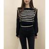 2025 Autumn Black & White Striped Puff Sleeve Sweater Knitwear Top